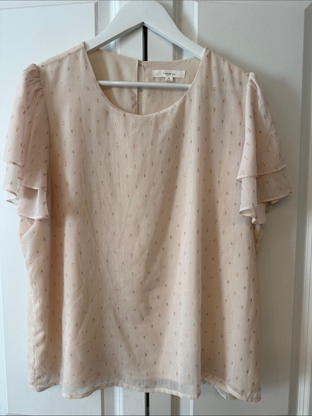 fun 2 fun Blush Cream Flutter Sleeve Blouse with Gold Dots